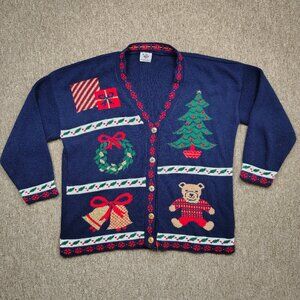 Vintage NUTCRACKER Christmas Cardigan Sweater Women's Medium Blue Holiday Theme